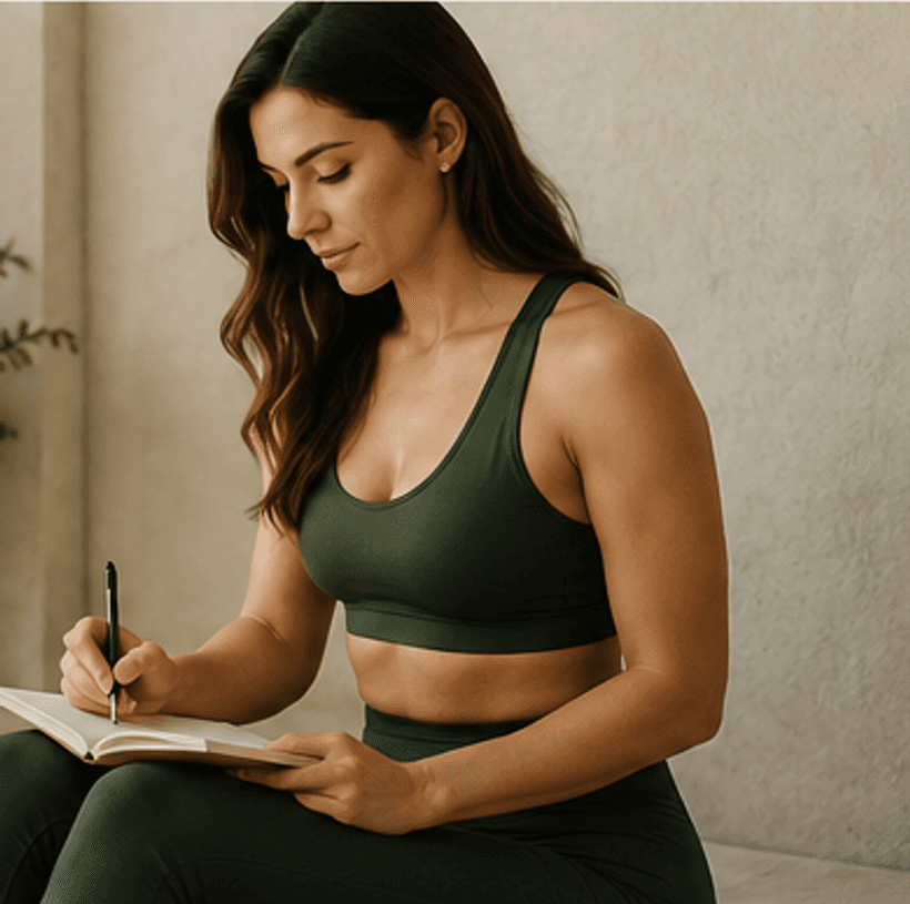 Mujer wellness escribiendo su plan de nutricion y ejercicio